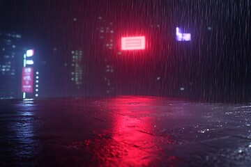 Rainy night city rooftop, wet street, neon lights, urban scene, digital art, background use