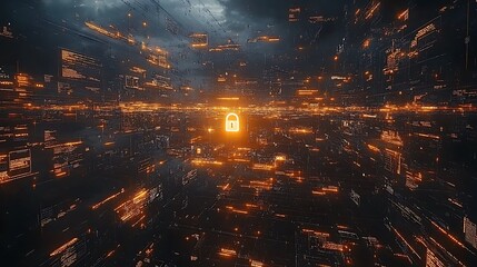 A futuristic digital network with a glowing security padlock