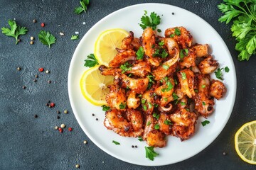 Fototapeta premium Crispy spicy squid tentacles on a white dish with lemon and parsley