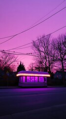 Diner under sunset with neon lights glows, trees and homes in distance, use for food