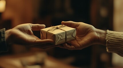 Two hands are exchanging a small wrapped gift package