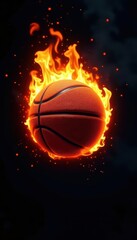 Fototapeta premium Fiery basketball ablaze against black backdrop, fiery, smoke