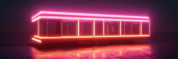 Neon diner building illuminated on a dark background to set the mood and futuristic design