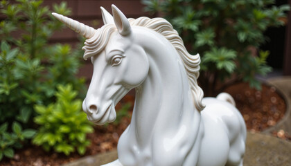 Obraz premium Majestic unicorn porcelain statue with greenery, fantasy decoration