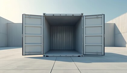 Empty gray shipping container with open doors spacious interior. Set against industrial buildings, stark container ideal for freight, delivery, transport commercial warehouse as temporary office.