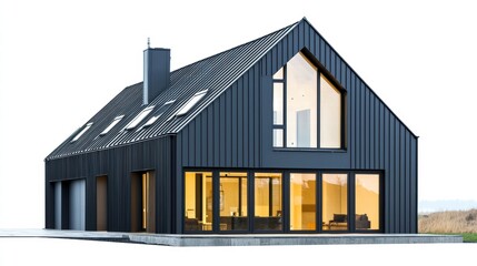 Obraz premium Modern Black Barn House: A sleek, modern barn-style house with a dark exterior, large windows, and skylights. The design is minimalist and elegant, with clean lines and a contemporary aesthetic.