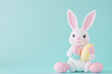 Obraz premium Adorable 3D Easter Bunny with Colorful Eggs on Pastel Blue Background