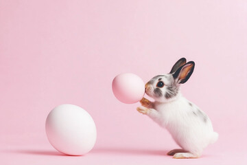 easter bunny with egg on pink background