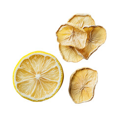 A fresh lemon next to dried lemon slices, isolated on a white transparent background.