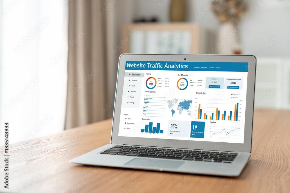 Poster computer software for website traffic analytics data on computer screen. concept of seo search engin