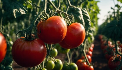 Obraz premium Tomatoes growing on vines in a field. Ripe vegetables, agriculture. Outdoor shot, daytime.