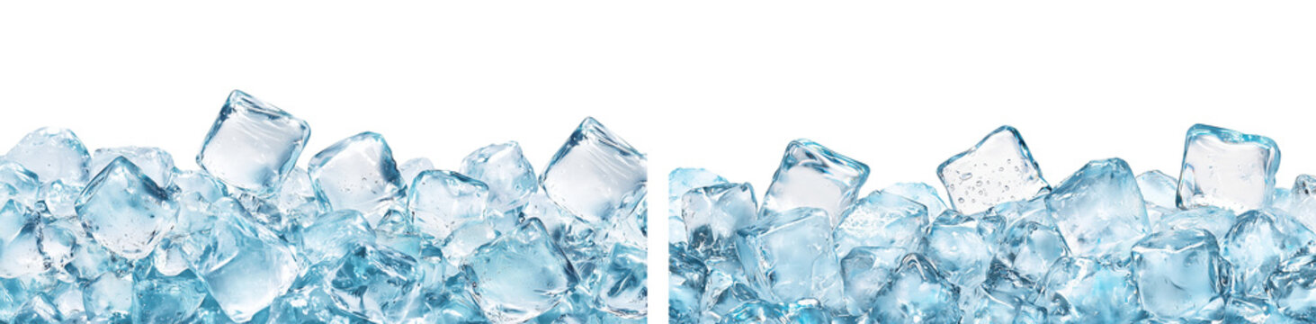 Crystal clear ice cubes pile with water droplets on transparent background, isolated frozen ice blocks for beverage, cocktail, food styling, refreshment, and cooling concepts