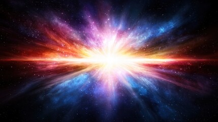 A vibrant, multicolored cosmic explosion radiates light and energy across the vast expanse of space.