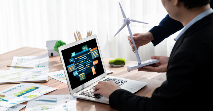 Software development or programming work with coding screen of various programming languages like HTML, Python, Java, and C brisk for new application development
