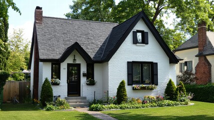 Charming Cottage Exterior: A quintessential image of a classic cottage, the scene exudes warmth and comfort, the detailed architecture of this home is perfect. A blend of form and function.