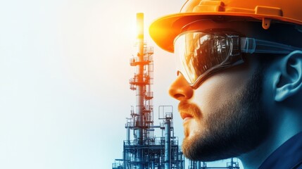 A construction worker in a hard hat and safety glasses stands in profile, gazing at an industrial facility, This image is ideal for themes related to safety, industry, and workforce development,