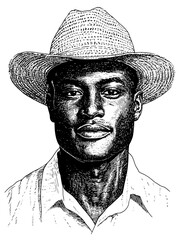 Beautiful cinematic portrayal of a man wearing a straw hat in a lush natural setting during a sunny day