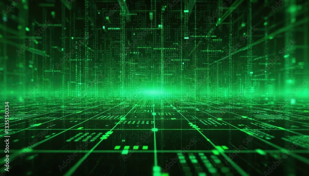 Aufkleber Abstract green tech background. Retro monochrome phosphor monitor display with pixel sorting glitch effect. Electronic circuit board, motherboard abstract texture. Digital cyberspace backdrop, big