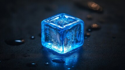A detailed shot of a clear ice cube reveals delicate bubbles and a cool blue tint, emphasizing its texture and transparency