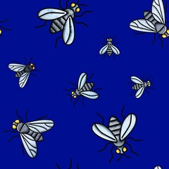 Abstract Hand Drawing 3D Emboss Plastic Rubber Black Fly Mosquito Insect Seamless Pattern Isolated Background