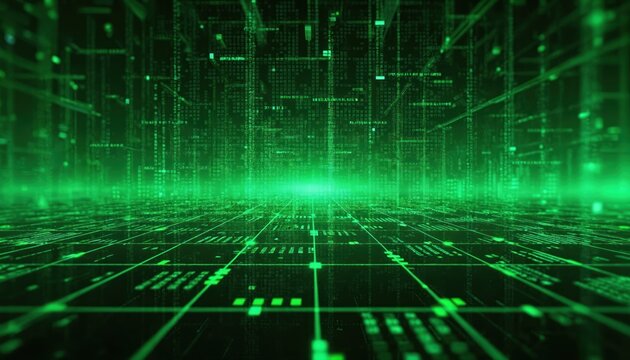 Abstract green tech background. Retro monochrome phosphor monitor display with pixel sorting glitch effect. Electronic circuit board, motherboard abstract texture. Digital cyberspace backdrop, big