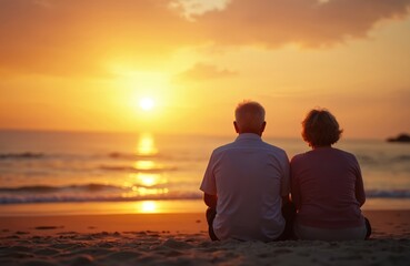 Senior couple sits on sandy sea beach looking at scenic sunset. Elderly mature man, woman enjoy summer vacation. Romantic orange skyline. Love, togetherness. Vacation, travel, holiday. Pensioner