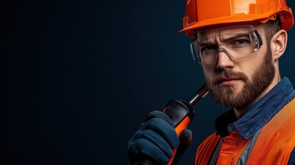 A focused construction worker in an orange hard hat and safety goggles holds a power tool, ideal for construction, safety training, or DIY project materials highlighting professionalism and safety,