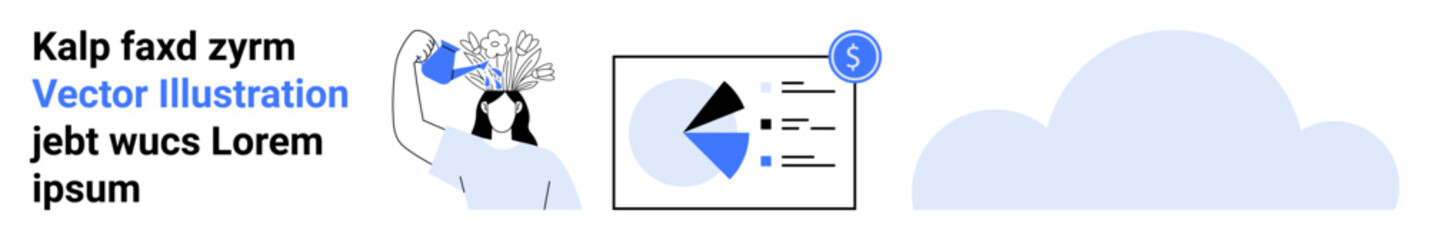 Woman brainstorming beside chart display, visualizing financial growth. Conceptual cloud element in background enhances modern aesthetic. Ideal for innovation, analytics, finance, startup, education