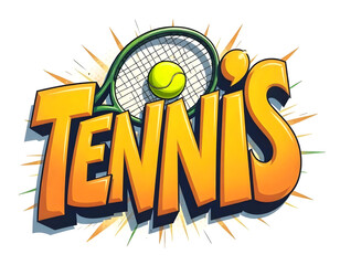 retro colorful tennis ball word banner poster, Retro tennis lettering design with ball, graffiti style sport text design, Pop art tennis wording on red background art, tennis ball yellow	