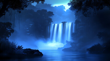 Serene waterfall cascading through lush greenery under a moonlit sky, creating a tranquil atmosphere