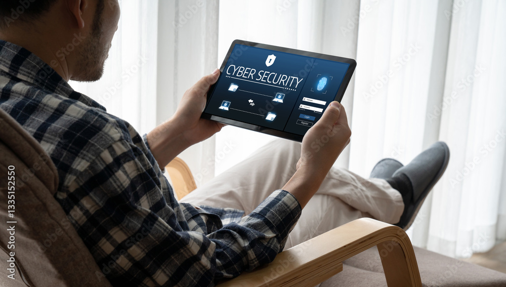 Poster cyber security system on computer screen protect private information snugly from hacker and cyber at