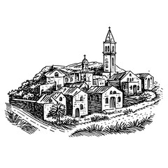 Fototapeta premium Cinematic depiction of a historic village nestled in nature during daylight hours