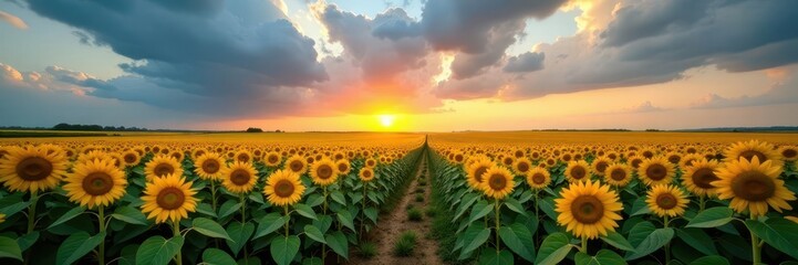 Fototapeta premium Rows of sunflowers stretching to the horizon, dramatic cloudscape above , floral, picture
