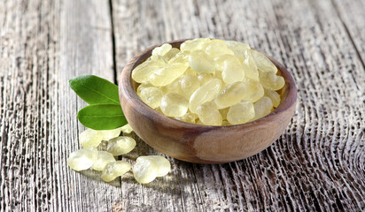 Mastic tears of Chios island on wooden background