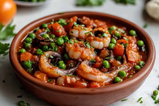 Cuttlefish and pea stew or seppie con piselli on a white table