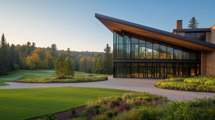 Obraz premium A modern architectural building set amidst lush greenery and trees, perfect for showcasing luxury real estate, resorts, or nature retreats, Great for marketing materials and travel brochures,