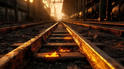Naklejka premium A dramatic low-angle view of railway tracks with glowing embers, set in an industrial environment during sunset, This image captures grit and atmosphere, ideal for themes of journey or resilience,