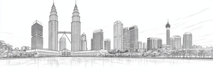 Fototapeta premium Kuala Lumpur Skyline Pencil Sketch - A stunning line art sketch of the Kuala Lumpur skyline, showcasing modern architecture, iconic skyscrapers, and lush greenery. It symbolizes progress