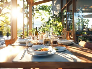 Fototapeta premium Brunch table place settings with mismatched plates in soft afternoon light cozy indoor environment front view display