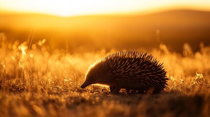 Obraz premium Short beaked echidna emerges golden light of sunset spine backlit create striking silhouette against warm hue of horizon rolling hill background fade into soft blur adding depth sense of vast