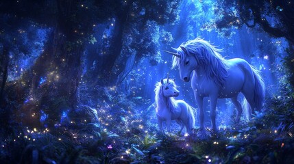 In a forest filled with sparkling lights, a mystical unicorn radiates purple cosmic energy