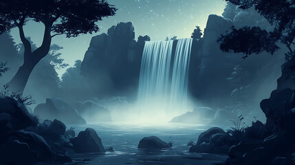 Obraz premium Serene waterfall cascading down rocky cliffs under a starry night sky with lush trees surrounding it