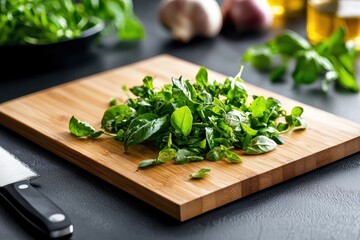 Gourmet ingredients arranged on premium bamboo chopping board kitchen setting food photography soft golden lighting eye-level perspective