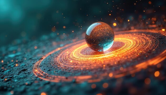 Glowing sphere hovers above rings of energy. Ball emits blue light. Particle trails swirl across dark, textured surface. Futuristic power, quantum tech or plasma concept. Abstract illustration.