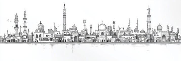 Obraz premium Medina Skyline: A Holy City in Line Art - Detailed line art illustration of Medina's skyline, showcasing architectural details, religious structures