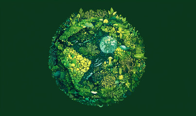 Green globe surrounded by lush foliage, symbolizing nature and environmental sustainability.