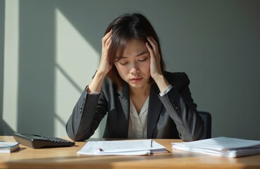 Stressed Asian businesswoman sits at office desk with hand on head after hard working day overload with work. Fatigue after company financial problems, deadline. Depression, sadness, career burnout.