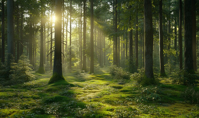 Obraz premium Sunlight filters through tall trees in a serene, green forest, creating a tranquil natural atmosphere.