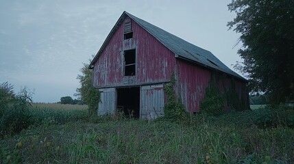 Obraz premium An old weathered red barn sits in a field at dusk