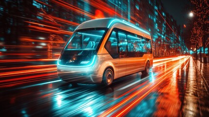 Fototapeta premium Futuristic electric shuttle moving through city streets at night